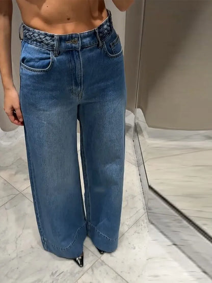 Women's Wide Leg Denim Trousers Loose Fit Low Waist Blue