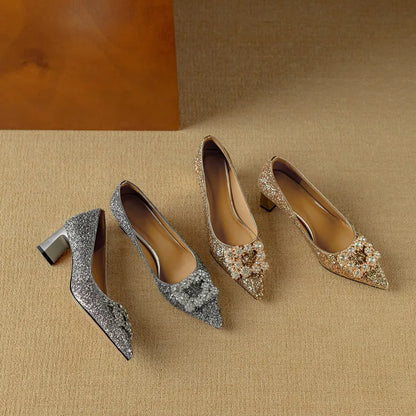 Stella | Women's Glitter Block Heel Pumps Pointed Toe Crystal Buckle