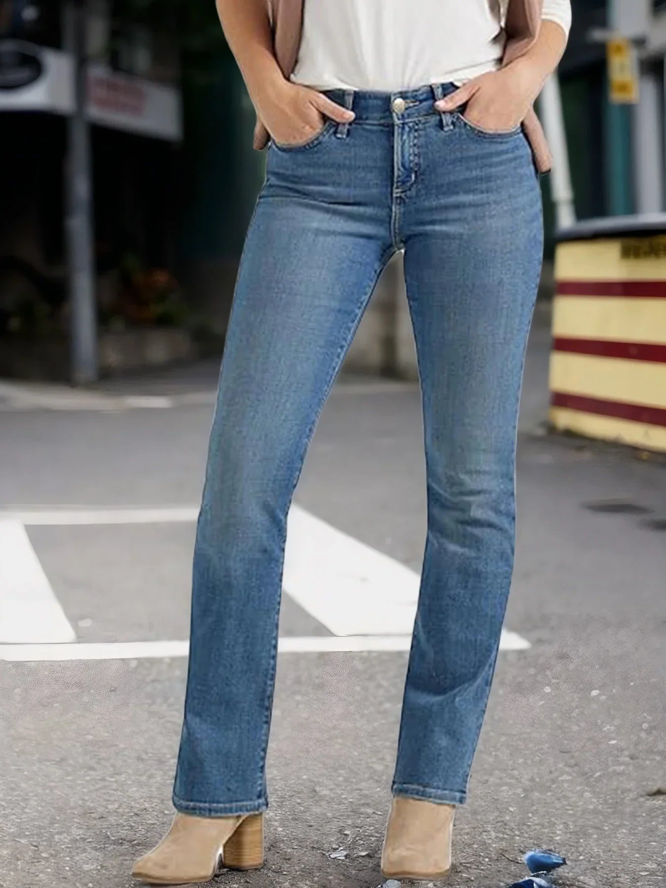 Women's Slim Fit Straight Leg Jeans Elastic Mid Waist Dark Blue