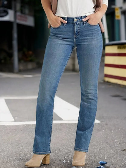 Women's Slim Fit Straight Leg Jeans Elastic Mid Waist Dark Blue