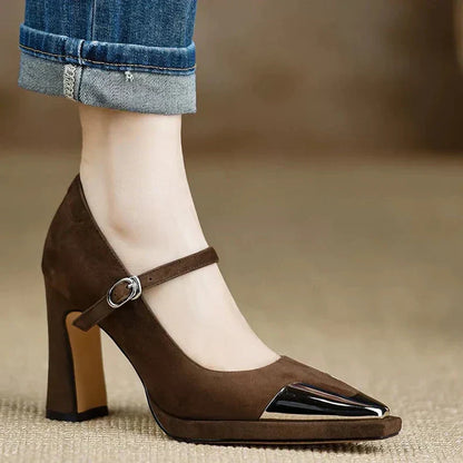 Serena Women's Block Heel Pumps Cap Toe Strap - Vonnera