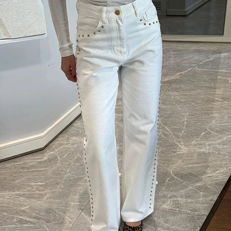 Women's White Denim Jeans High Waist Loose Fit Floral