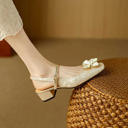 Women's Floral Pumps Block Heel Jacquard Strap