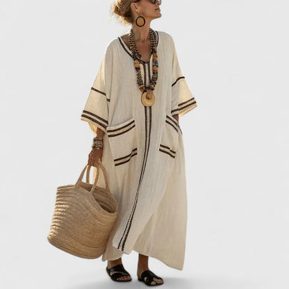 Women's Striped Linen Maxi Dress With Pockets