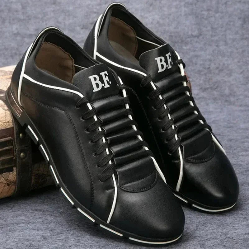 Men's Lace-Up Sneakers Leather Contrast Sole Black