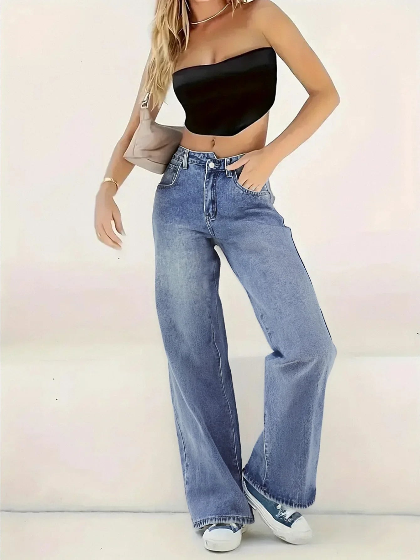 Women's Light Blue Wide Leg Jeans Relaxed Fit Denim - Vonnera