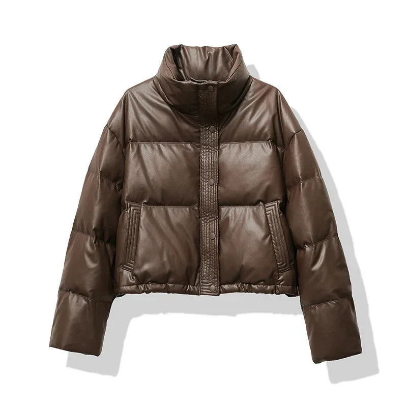 Women's Quilted Puffer Jacket Mock Neck Water Resistant Black - Vonnera