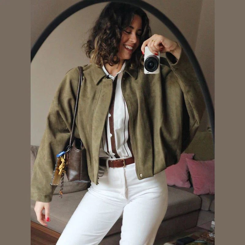 Women's Cropped Bomber Jacket Lapel Collar Zip Front - Vonnera