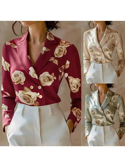 Women's Satin Blouse Double-Breasted Floral Print