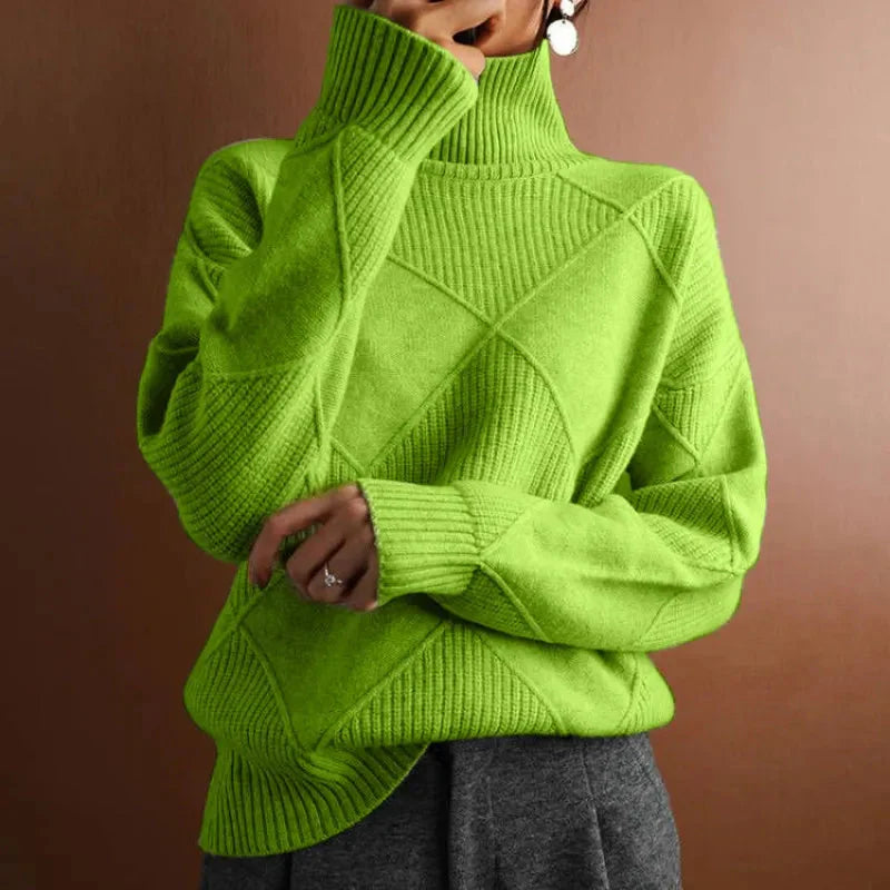 Geometric Ribbed Relaxed Fit Wool Turtleneck Sweater for Women – Cozy & Stylish Everyday Wear Caliboot