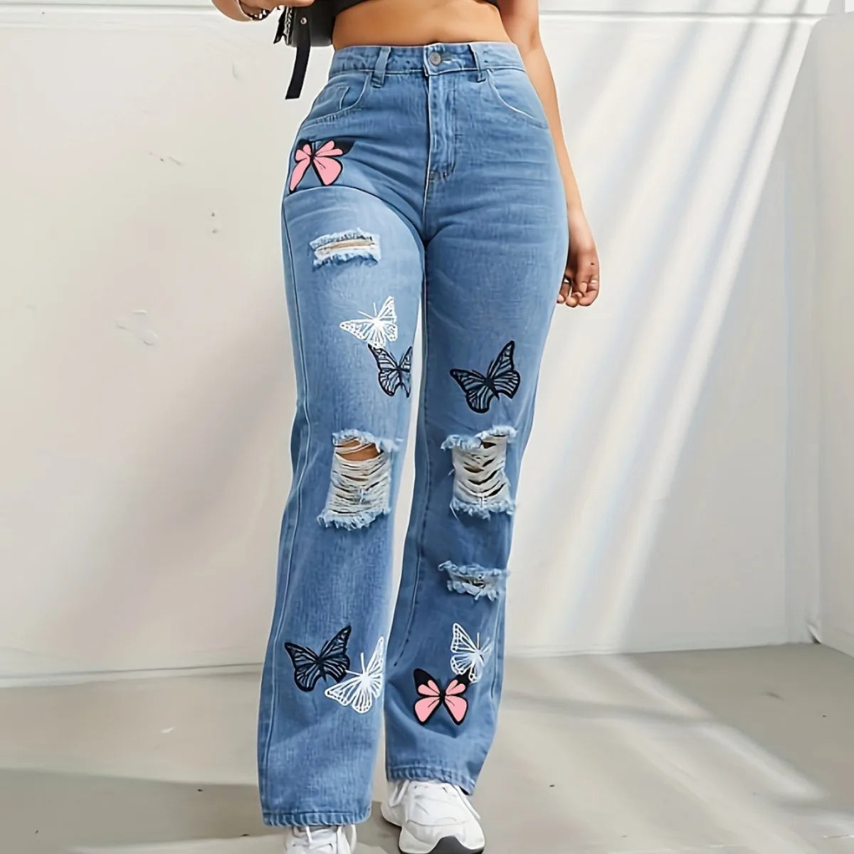 Women's Distressed Denim Jeans High Waist Straight Leg Ripped Details