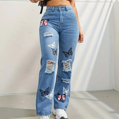 Women's Distressed Denim Jeans High Waist Straight Leg Ripped Details