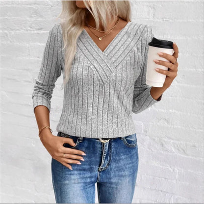Women's V Neck Sweater Ribbed Texture