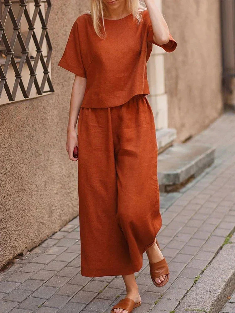 Women's Summer Two Piece Crew Neck T-Shirt And Wide Leg Pants - Vonnera