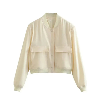 Women's Cropped Bomber Jacket Baseball Collar Snap Buttons