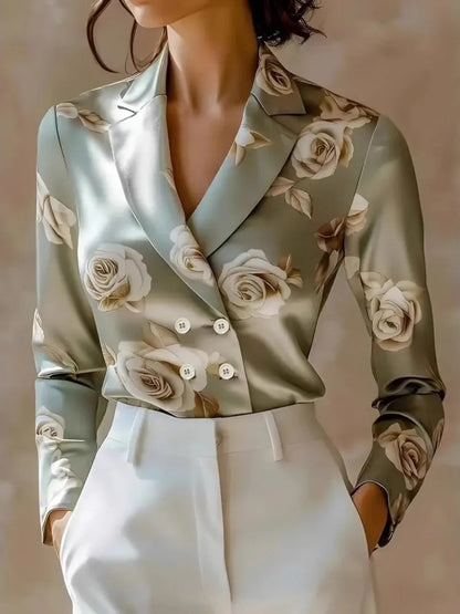 Women's Satin Blouse Double-Breasted Floral Print