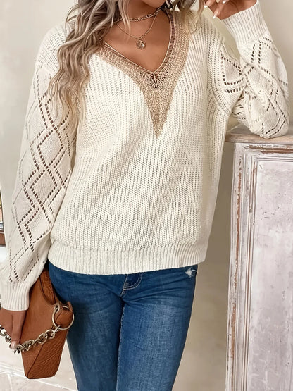 Women's V Neck Sweater Solid Paisley
