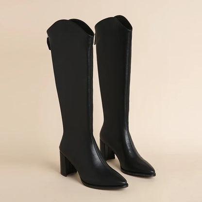 Women's Knee High Boots Side Zip Block Heel Comfortable
