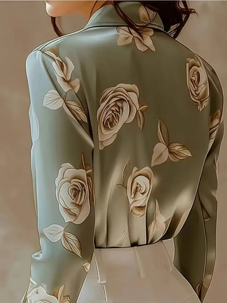 Women's Satin Blouse Double-Breasted Floral Print