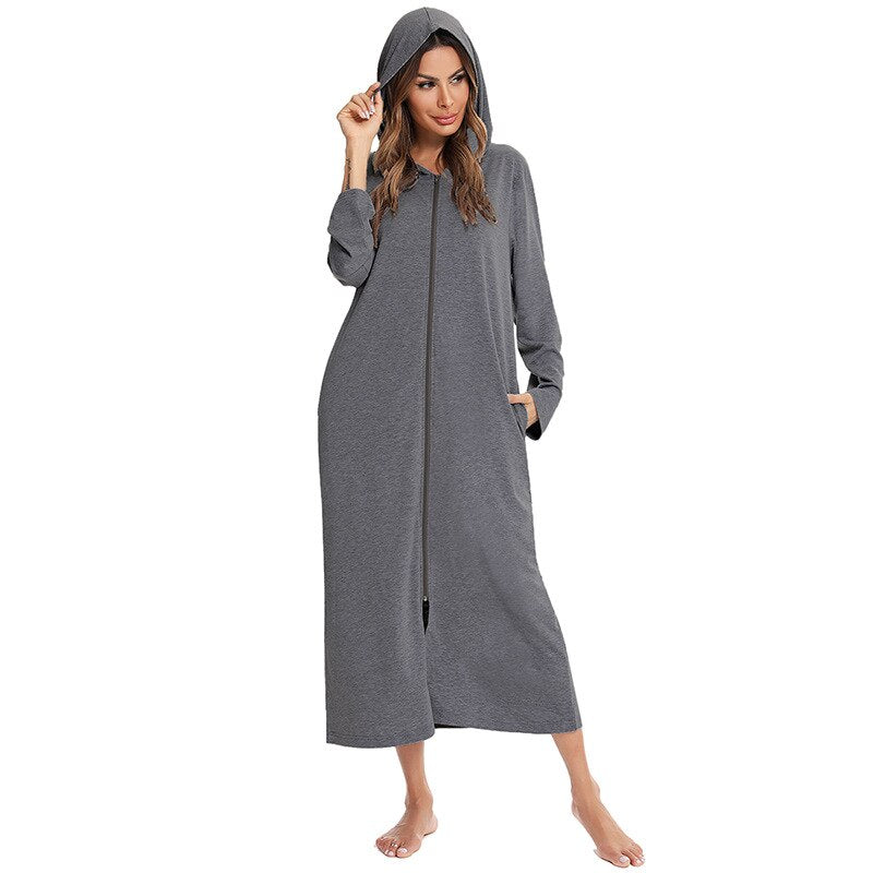 Women's Hooded Fleece Nightdress Zip Up