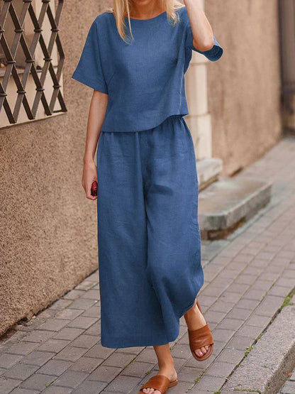 Women's Summer Two Piece Crew Neck T-Shirt And Wide Leg Pants