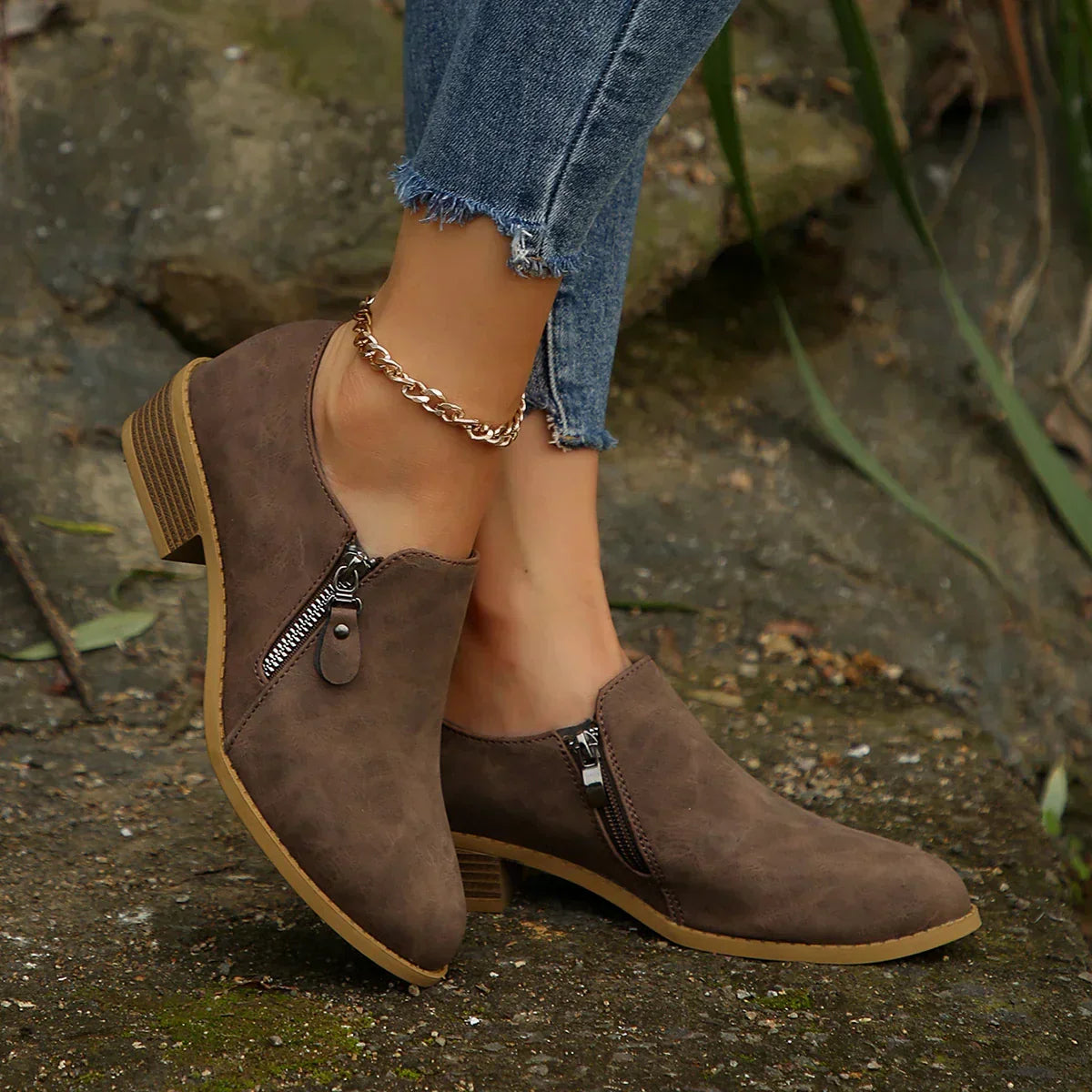 Women's Low Ankle Boots Side Zipper Block Heel