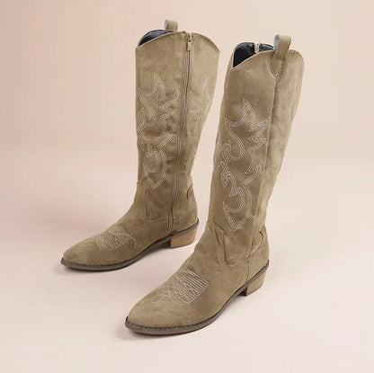 Women's Knee High Cowboy Boots Embroidered Brown