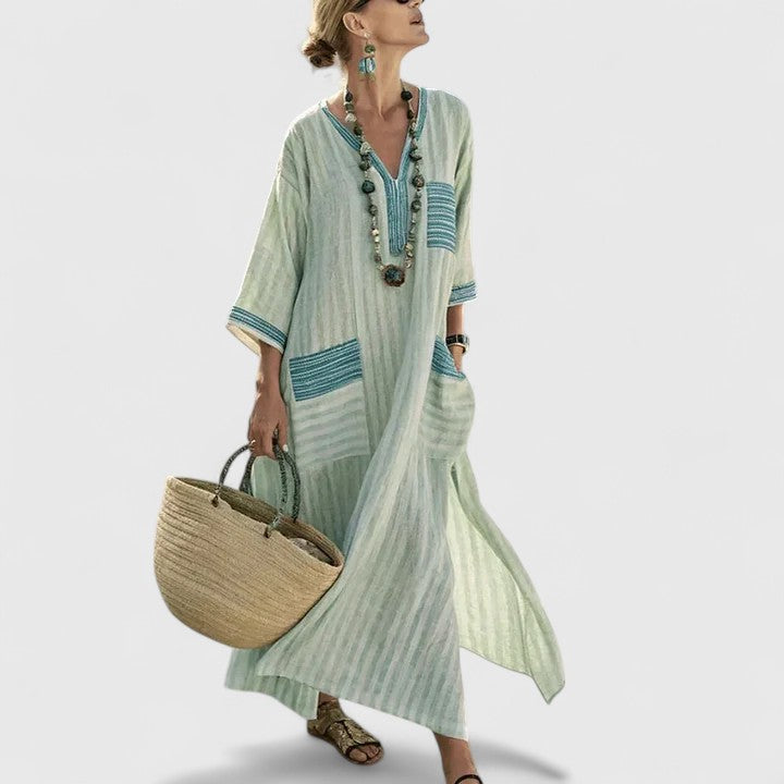 Women's Striped Linen Maxi Dress With Pockets - Vonnera