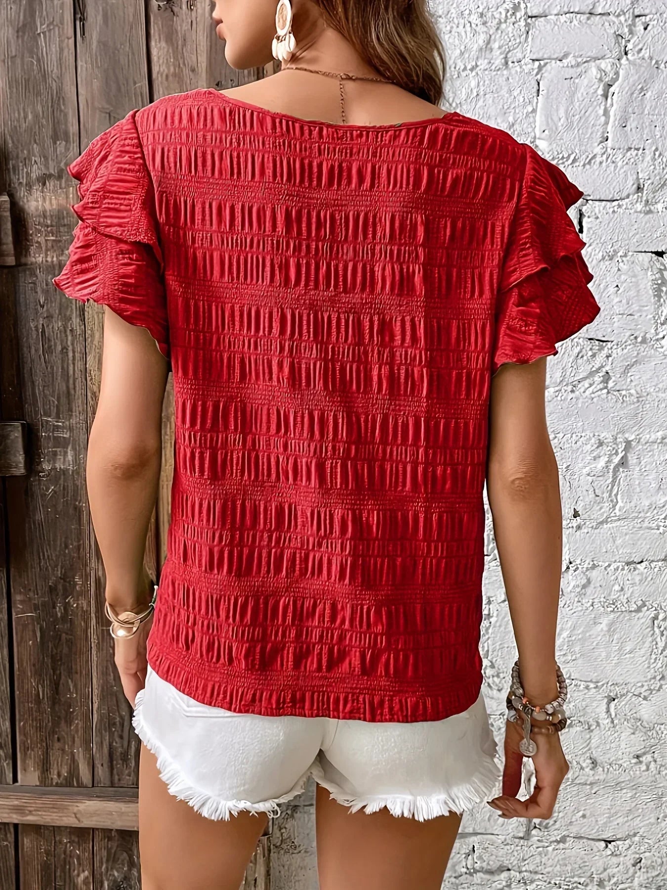 Women's Ruffle Sleeve Blouse Smocked