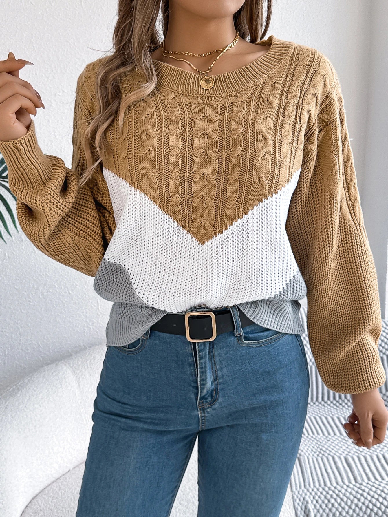 Women's Long Sleeve Sweater Contrast Panel