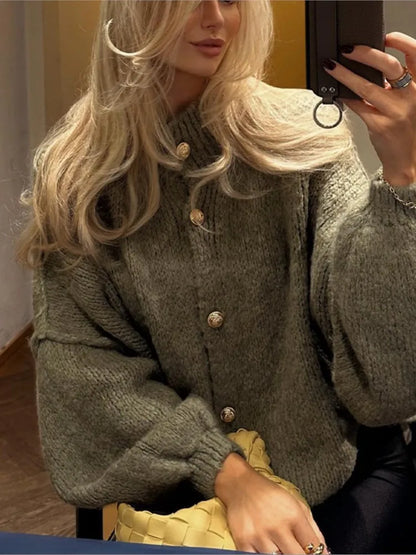 Women's Cardigan Sweater Ribbed Knit Cuffed Sleeves