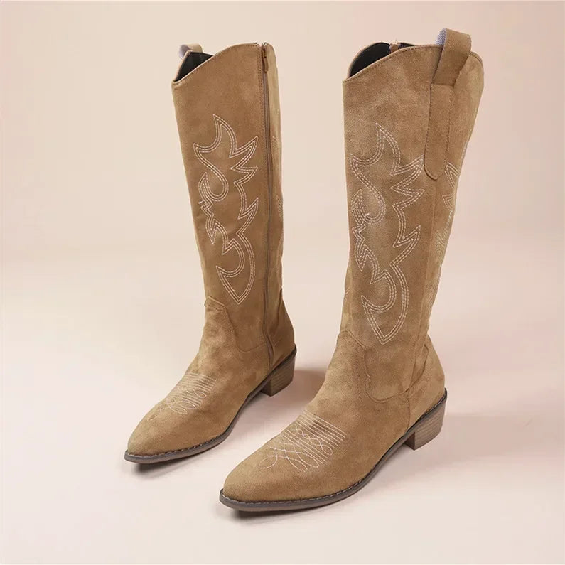 Women's Knee High Cowboy Boots Embroidered Brown
