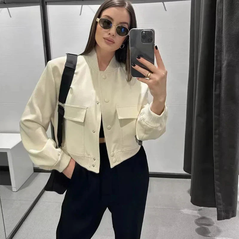 Women's Cropped Bomber Jacket Baseball Collar Snap Buttons - Vonnera