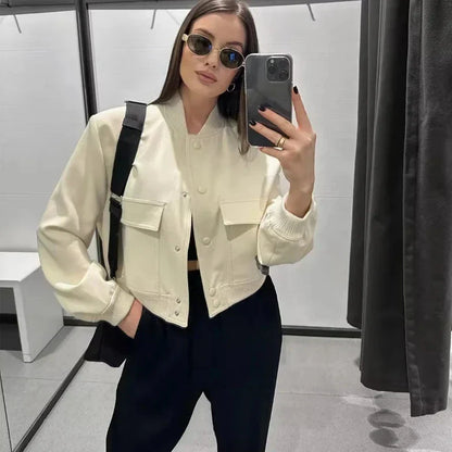 Women's Cropped Bomber Jacket Baseball Collar Snap Buttons - Vonnera