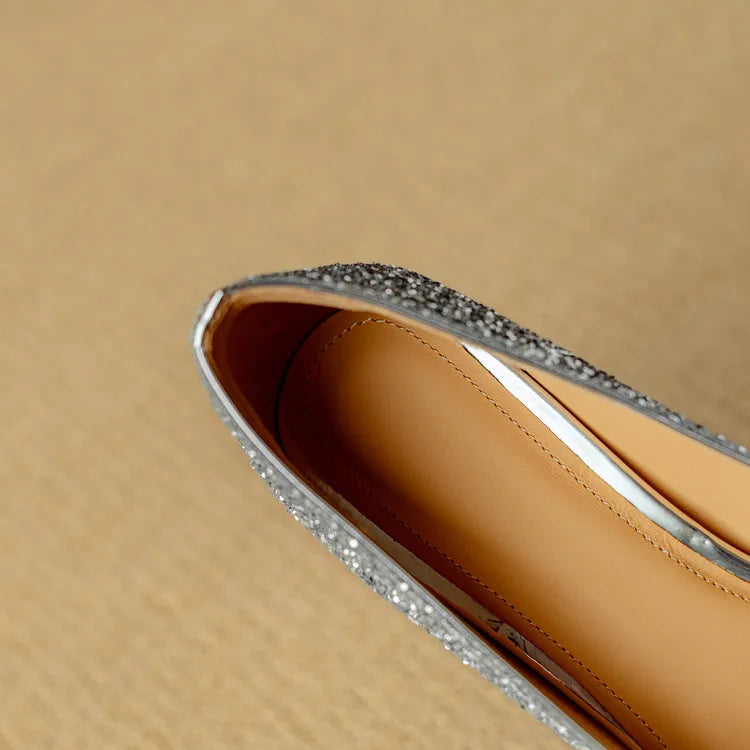 Stella | Women's Glitter Block Heel Pumps Pointed Toe Crystal Buckle
