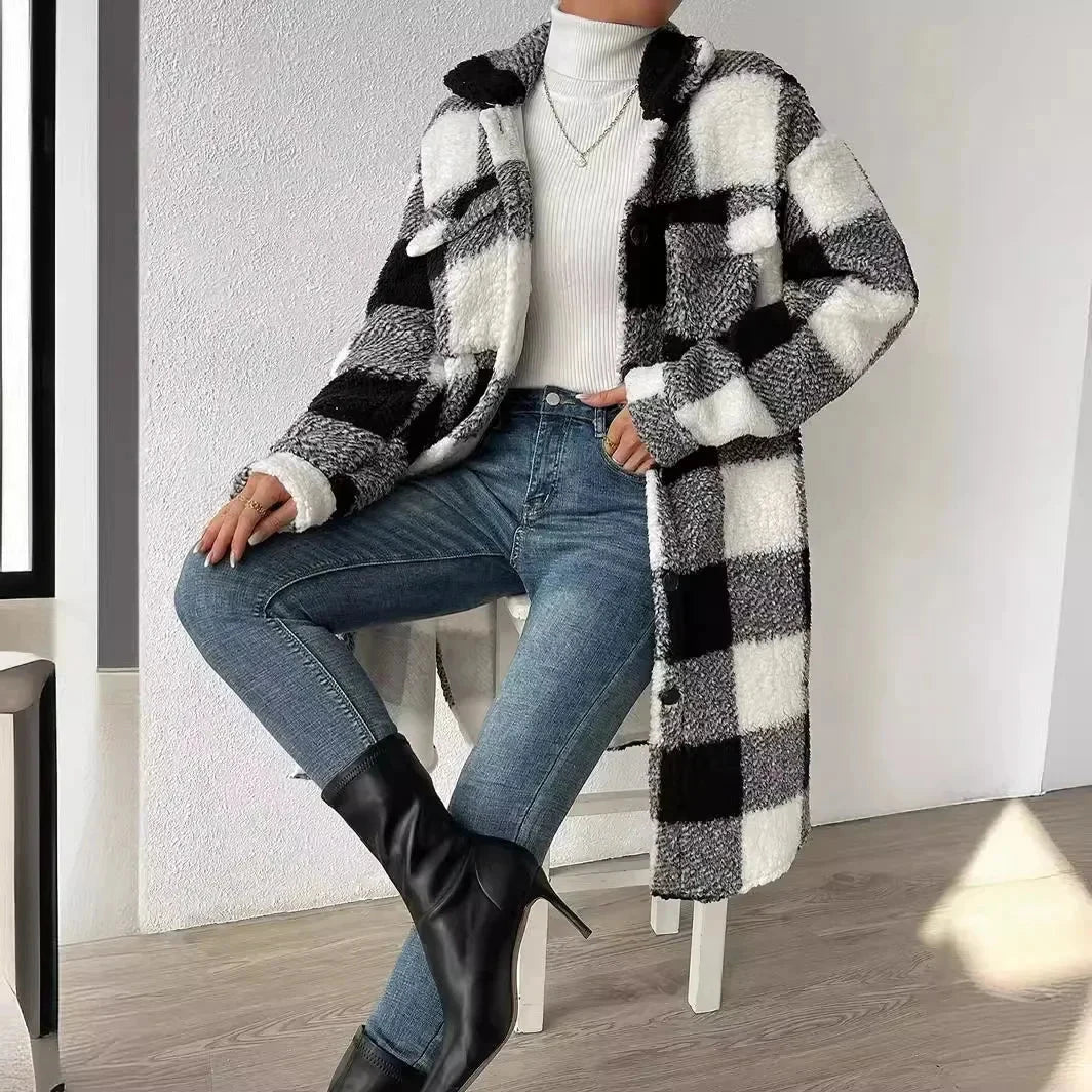 Women's Plush Plaid Overcoat - Vonnera