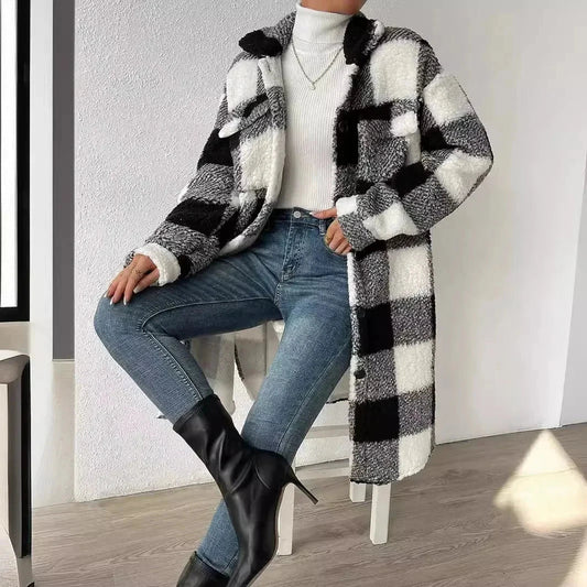 Women's Plush Plaid Overcoat - Vonnera
