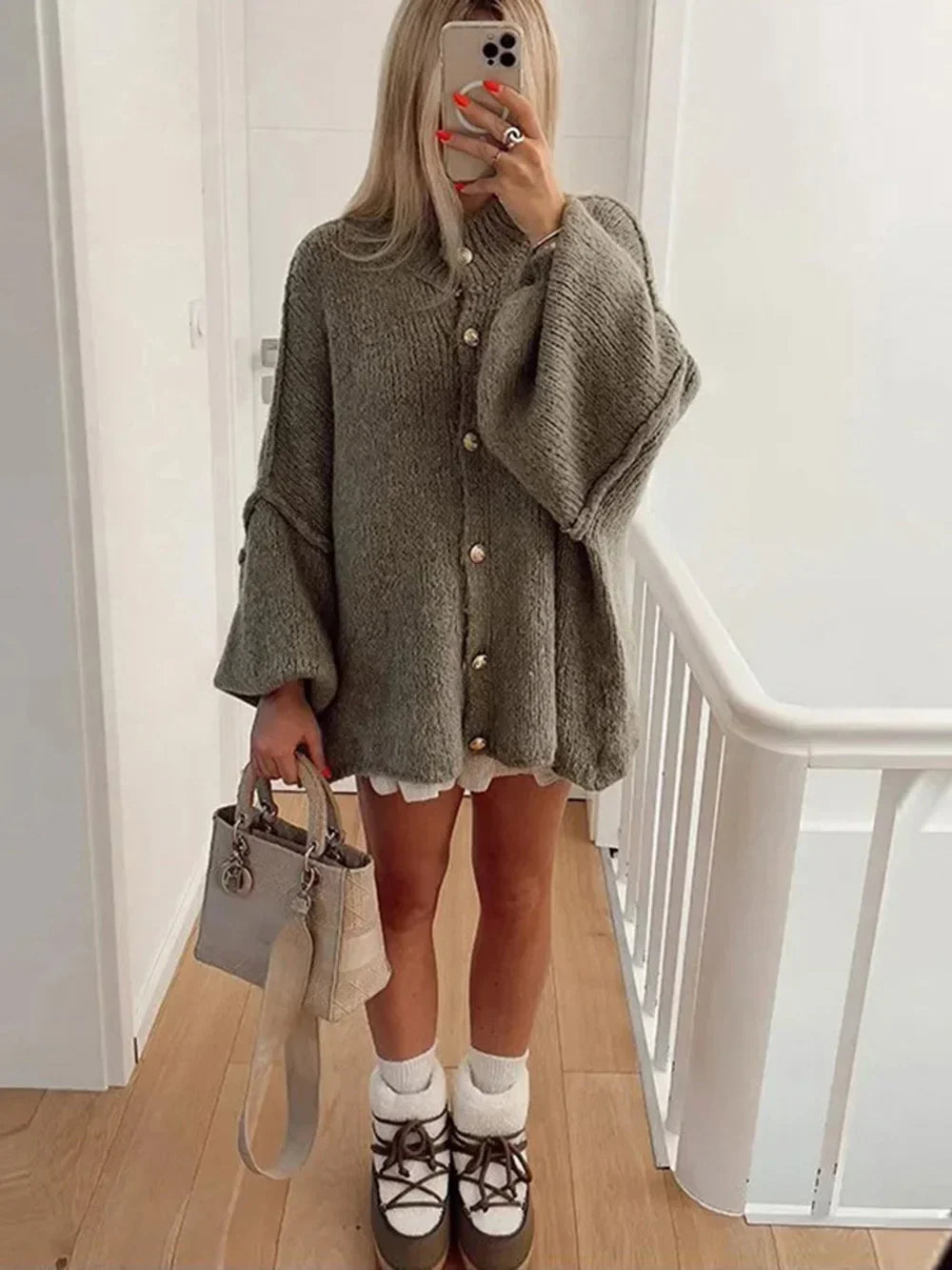 Women's Bat Sleeve Cardigan Wool Blend Lapel Detail Black