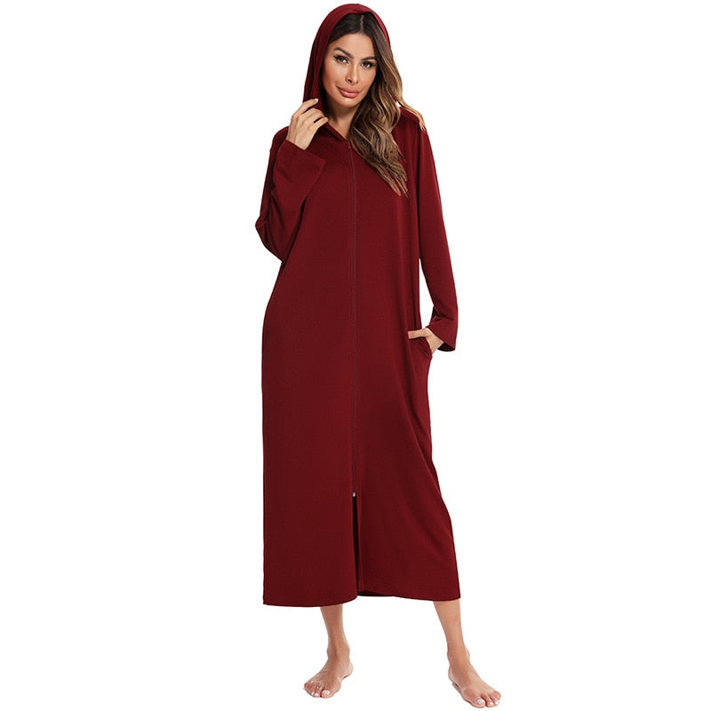 Women's Hooded Fleece Nightdress Zip Up