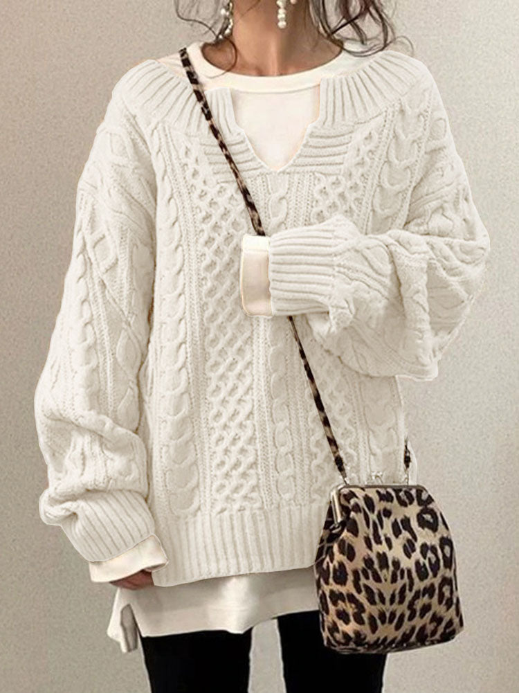 Women's Cable Knit Sweater Chunky Round Neck Beige - Vonnera