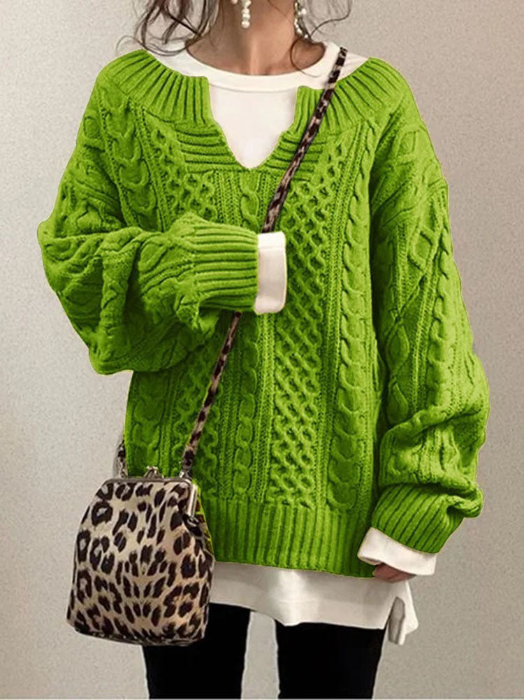 Women's Cable Knit Sweater Chunky Round Neck Beige