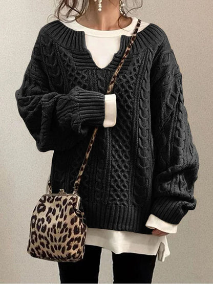Women's Cable Knit Sweater Chunky Round Neck Beige