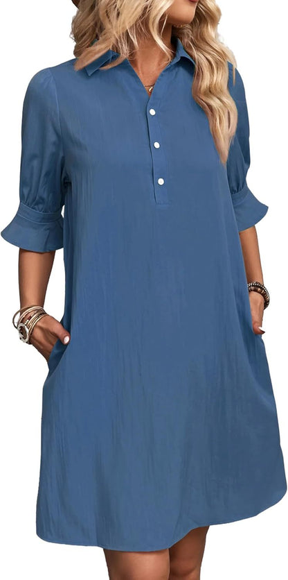 Women's 3/4 Sleeve Shirt Dress Knee Length