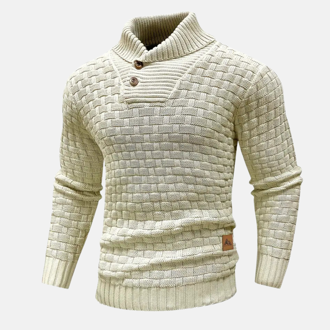 Men's Textured Knit Sweater Shawl Collar Button Detail Beige