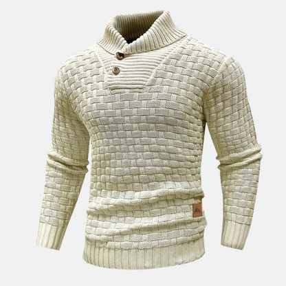 Men's Textured Knit Sweater Shawl Collar Button Detail Beige