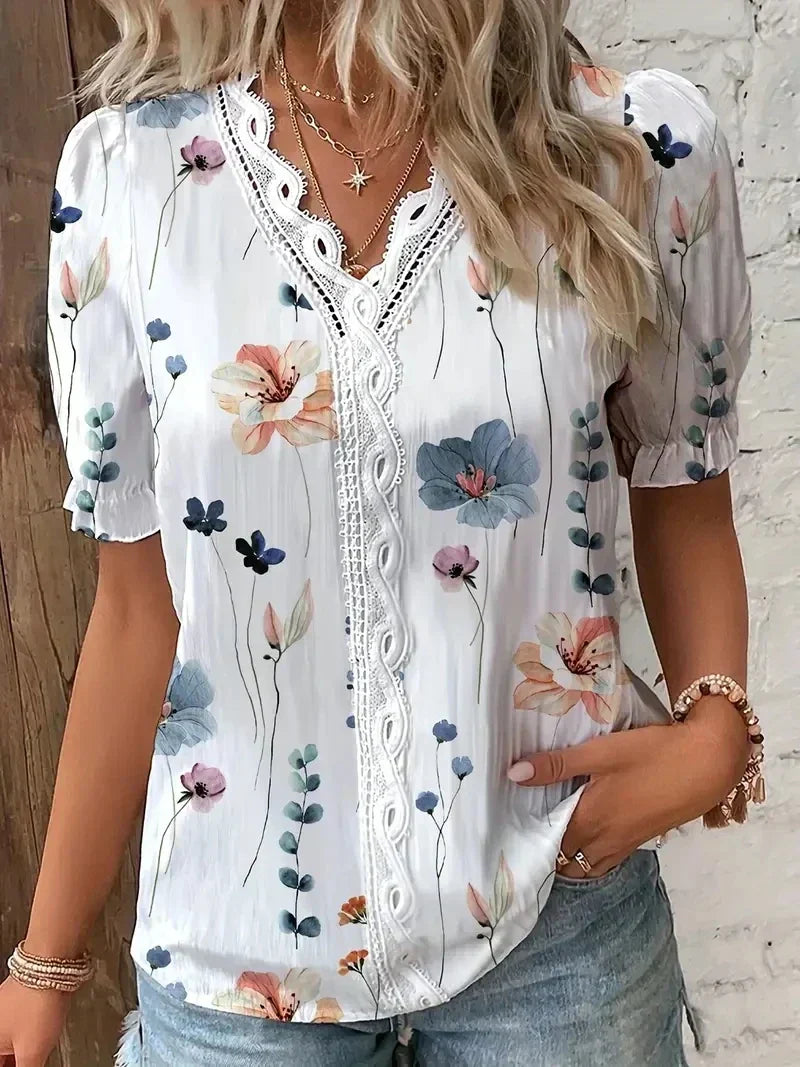 Women's V-Neck Blouse Floral Lace