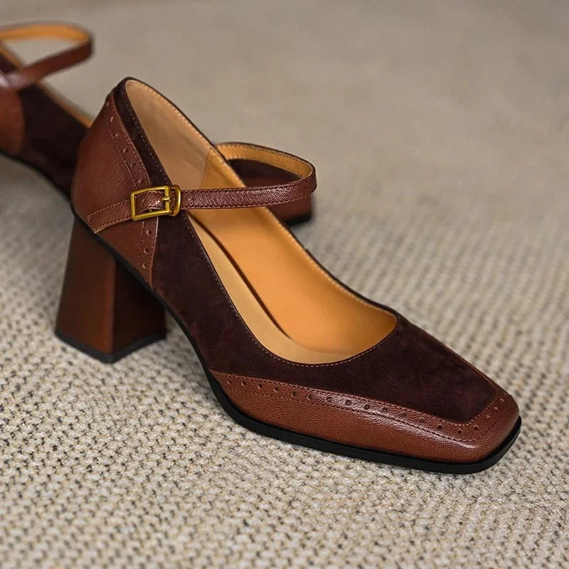Women's Block Heel Ankle Strap Pumps Square Toe Brown