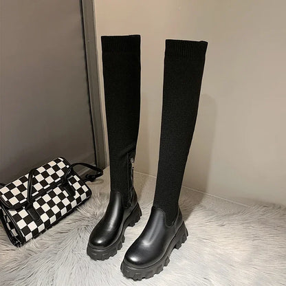 Women's Knee High Boots Stretch Fit Chunky Lug Sole Black