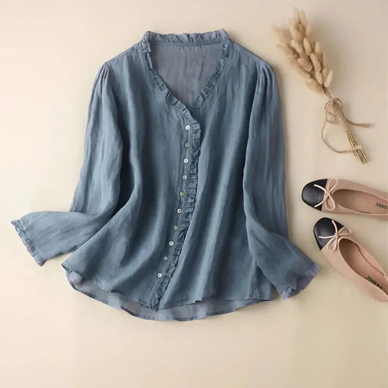 Women's Linen Neck V Blouse - Vonnera