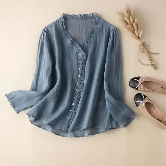 Women's Linen Neck V Blouse - Vonnera